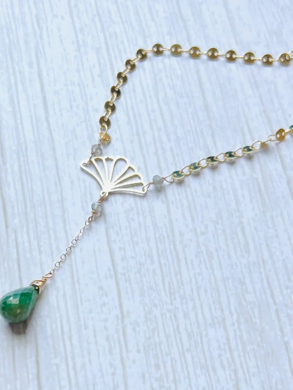 Genuine Emerald Necklace | Gold filled coin chain | Fan charm art deco necklace